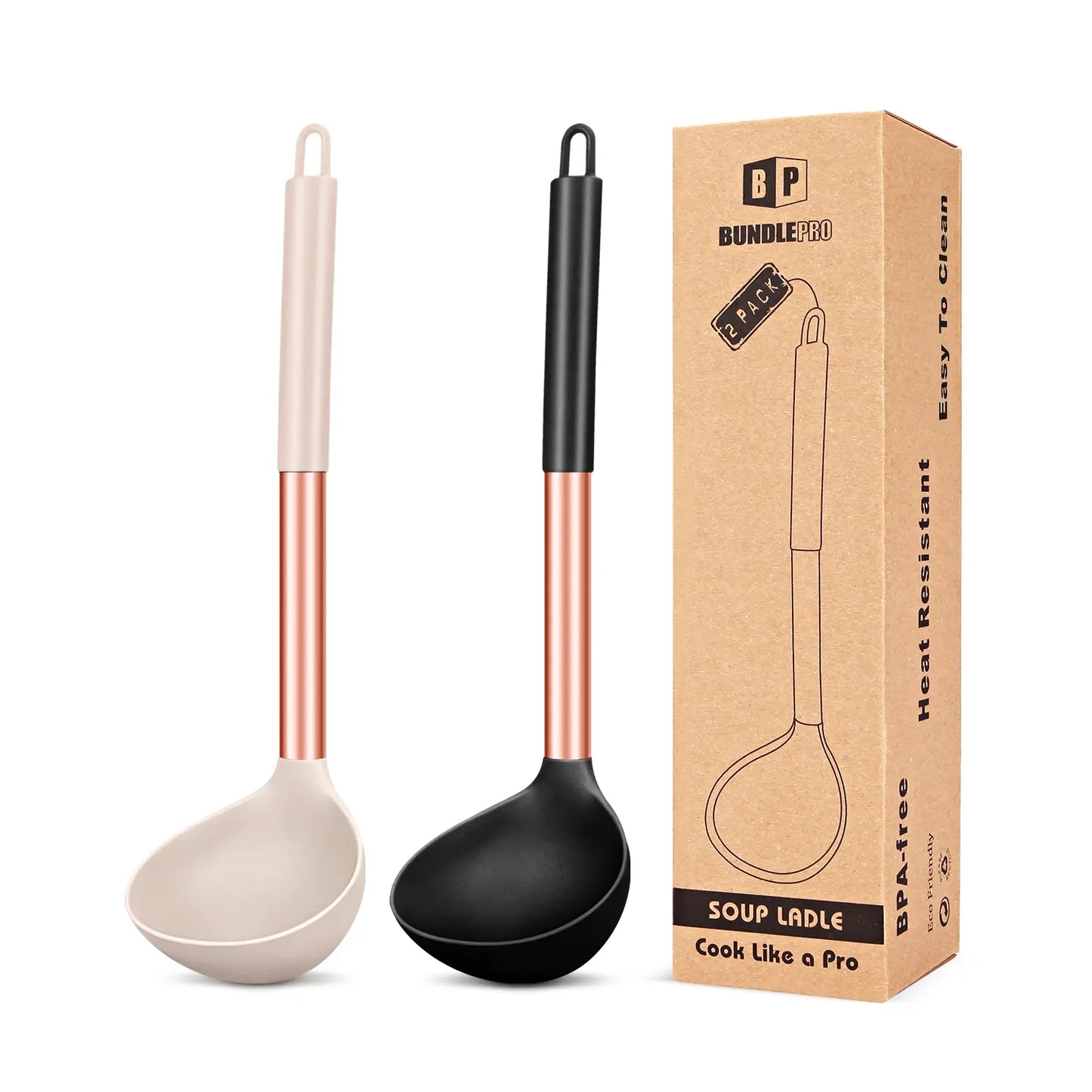 Set of 2 Silicone Ladle Spoons for Soup - Grey-Blue Stainless Steel Non-Stick Kitchen Utensils for Cooking, Stirring, and Serving