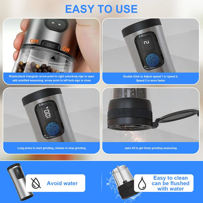 Electric Salt and Pepper Grinder Set with Rechargeable Base, Automatic Operation, Battery Level Display, Large Capacity, and 5 Adjustable Grind Settings