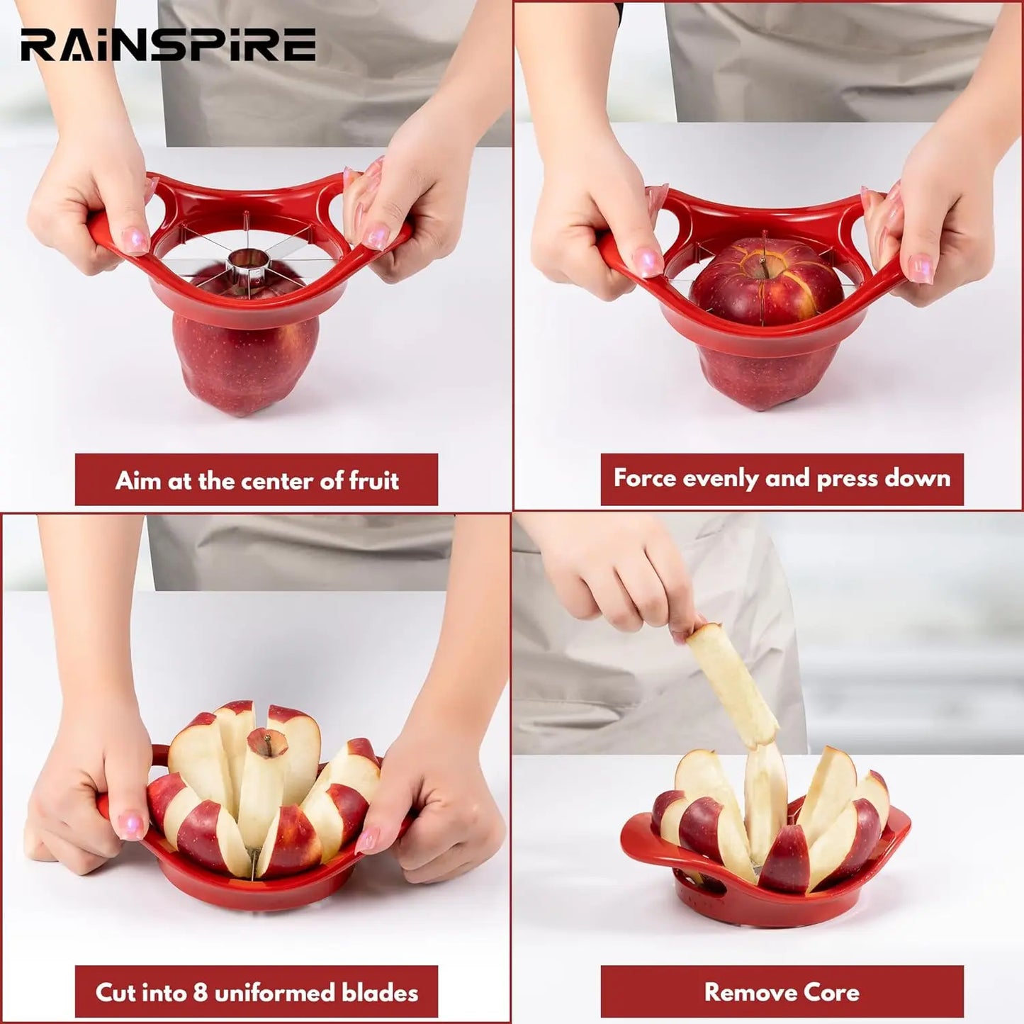Professional 8-Slice Apple Cutter and Corer with Stainless Steel Blades, Sharp Fruit Slicer, Red Kitchen Utensil