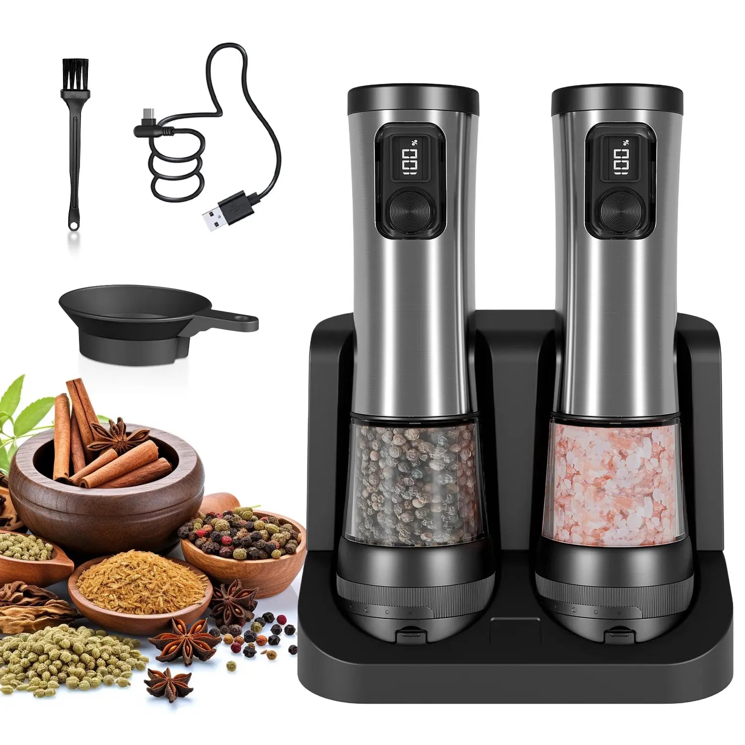 Electric Salt and Pepper Grinder Set with Rechargeable Base, Automatic Operation, Battery Level Display, Large Capacity, and 5 Adjustable Grind Settings