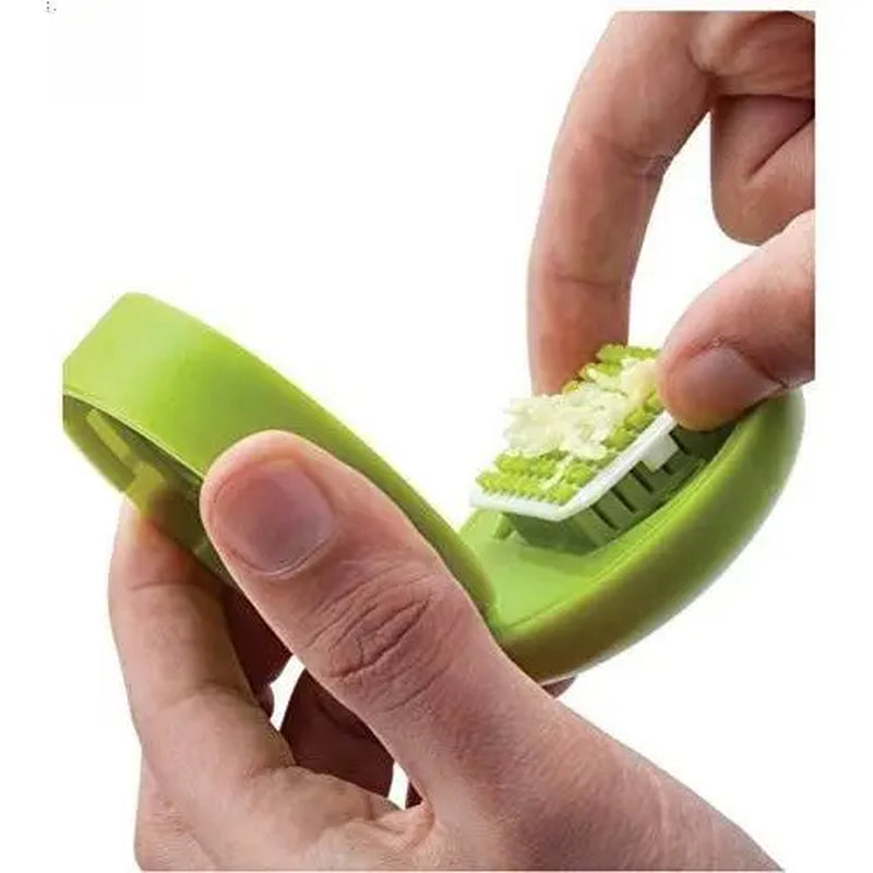Professional Mini Garlic Chopper and Press with Integrated Container, Manual Garlic Mincer and Grinder, Stainless Steel Blades, Handheld Slicing and Dicing Tool – Green