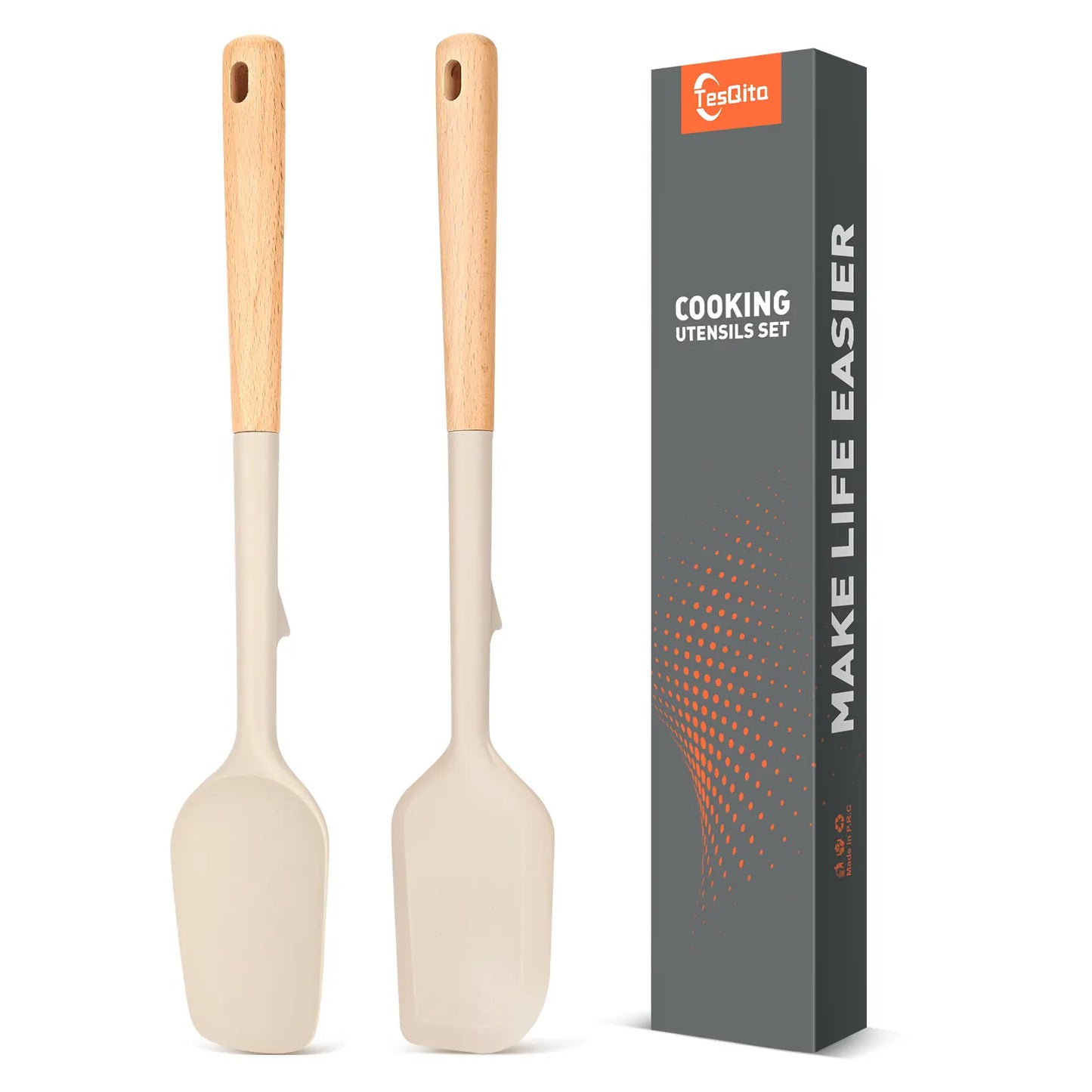 Large Silicone Rubber Spatula Scrapers 14" with Long Wooden Handle, Heat Resistant and Durable, Essential Baking Tools for Mixing, Folding, Scraping, and Spreading for Nonstick Cookware, Pack of 2 (Khaki)