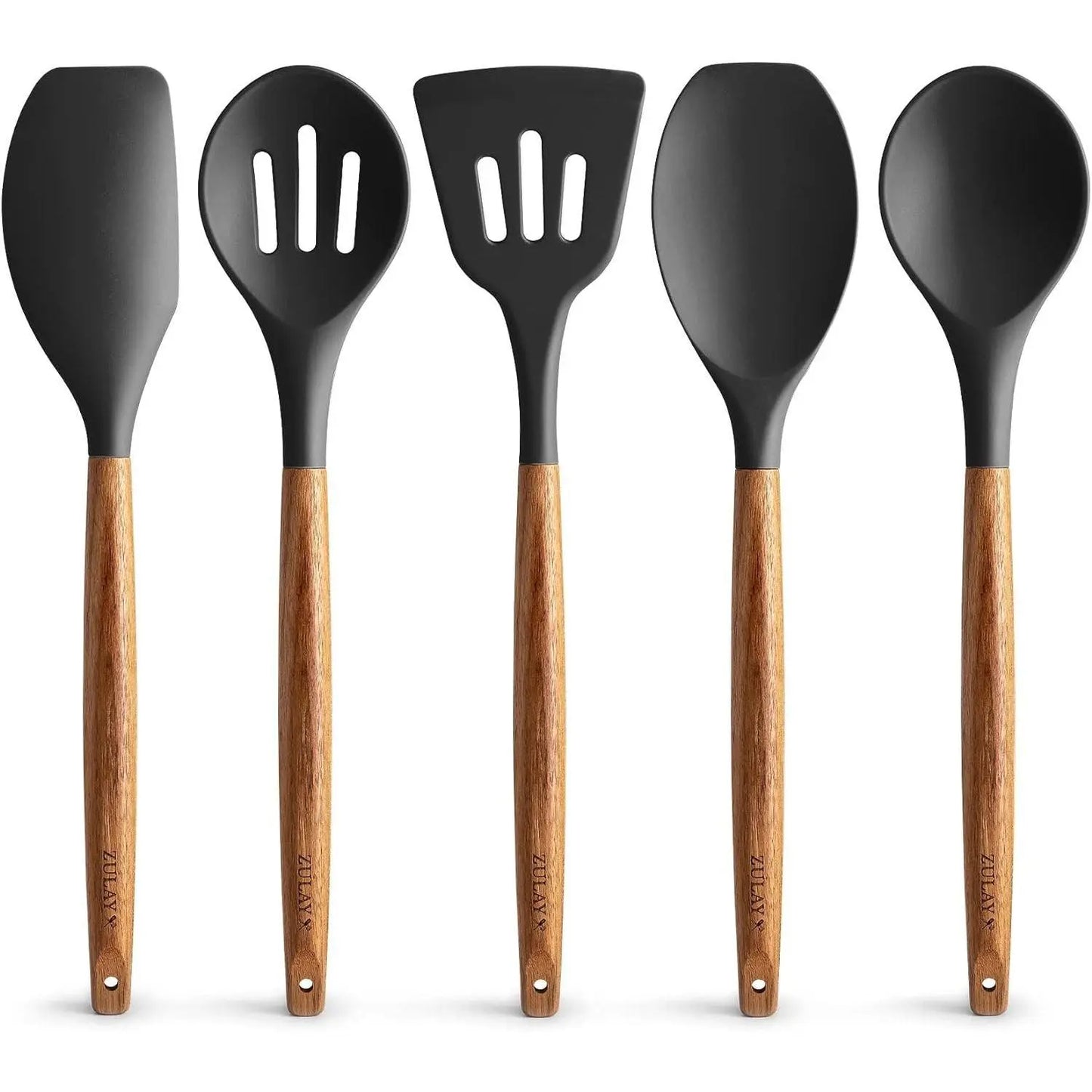 Zulay Professional Silicone Kitchen Utensil Set - 5-Piece Non-Scratch Cookware Accessories with Acacia Wood Handles and Heat-Resistant Stirring Spatula