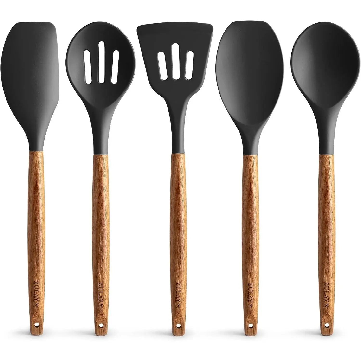 Zulay Professional Silicone Kitchen Utensil Set - 5-Piece Non-Scratch Cookware Accessories with Acacia Wood Handles and Heat-Resistant Stirring Spatula