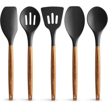 Zulay Professional Silicone Kitchen Utensil Set - 5-Piece Non-Scratch Cookware Accessories with Acacia Wood Handles and Heat-Resistant Stirring Spatula