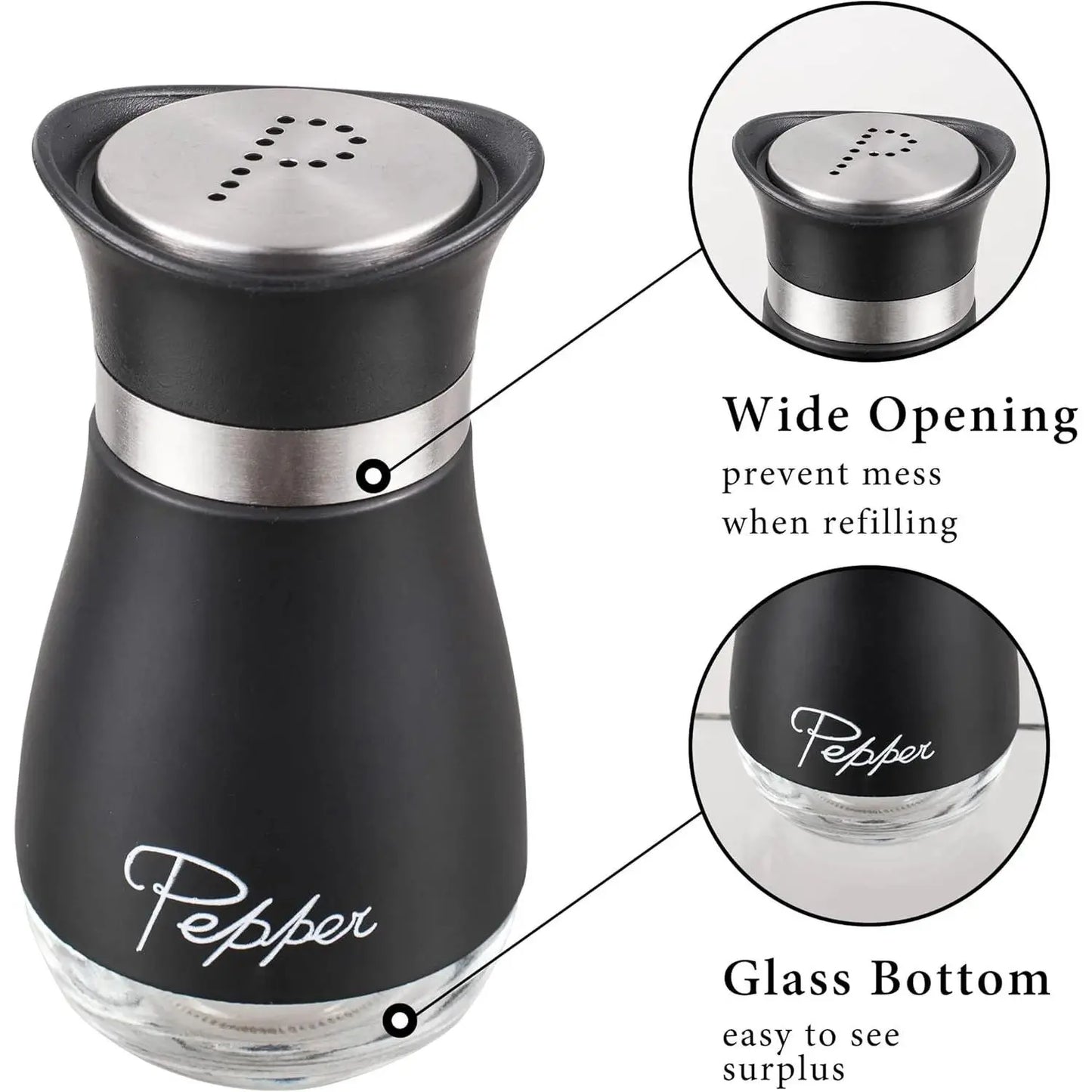 Stainless Steel Salt and Pepper Shakers Set with Holder - 2-Piece Black Compact Kitchenware, Refillable Seasoning Containers with Clear Glass Bottoms and Screw-Off Perforated Caps