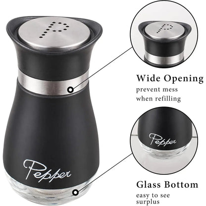 Stainless Steel Salt and Pepper Shakers Set with Holder - 2-Piece Black Compact Kitchenware, Refillable Seasoning Containers with Clear Glass Bottoms and Screw-Off Perforated Caps
