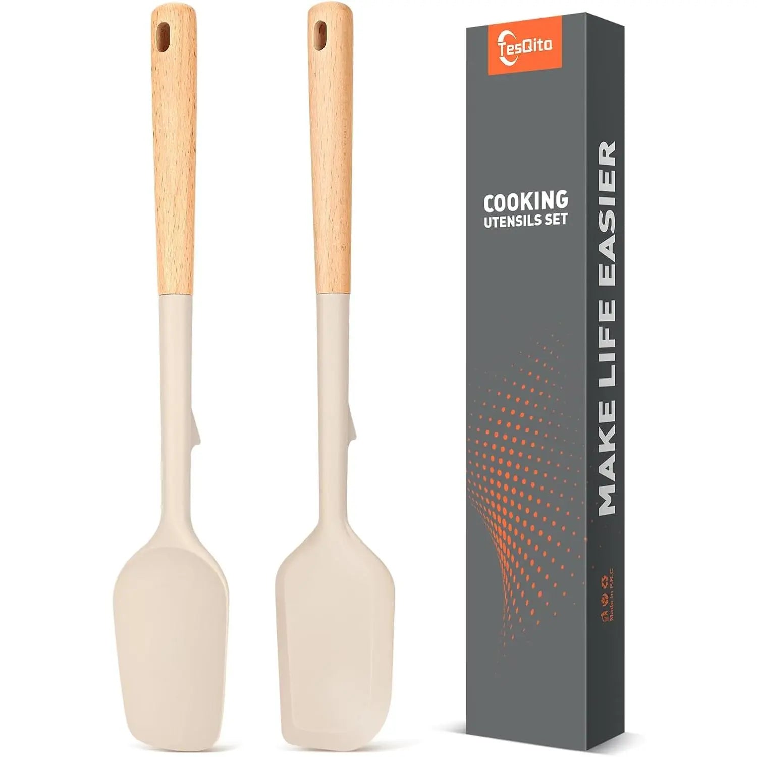 Large Silicone Rubber Spatula Scrapers 14" with Long Wooden Handle, Heat Resistant and Durable, Essential Baking Tools for Mixing, Folding, Scraping, and Spreading for Nonstick Cookware, Pack of 2 (Khaki)