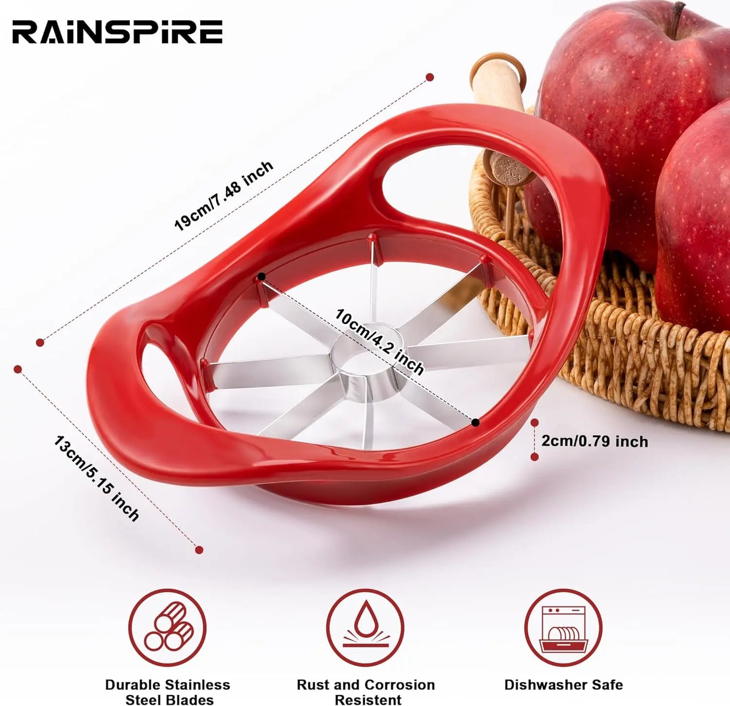 Professional 8-Slice Apple Cutter and Corer with Stainless Steel Blades, Sharp Fruit Slicer, Red Kitchen Utensil