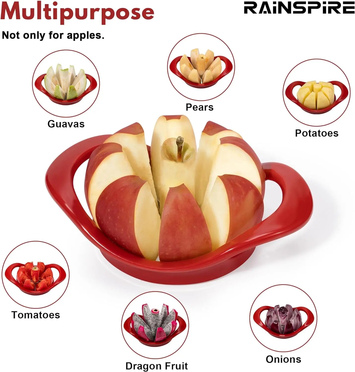 Professional 8-Slice Apple Cutter and Corer with Stainless Steel Blades, Sharp Fruit Slicer, Red Kitchen Utensil