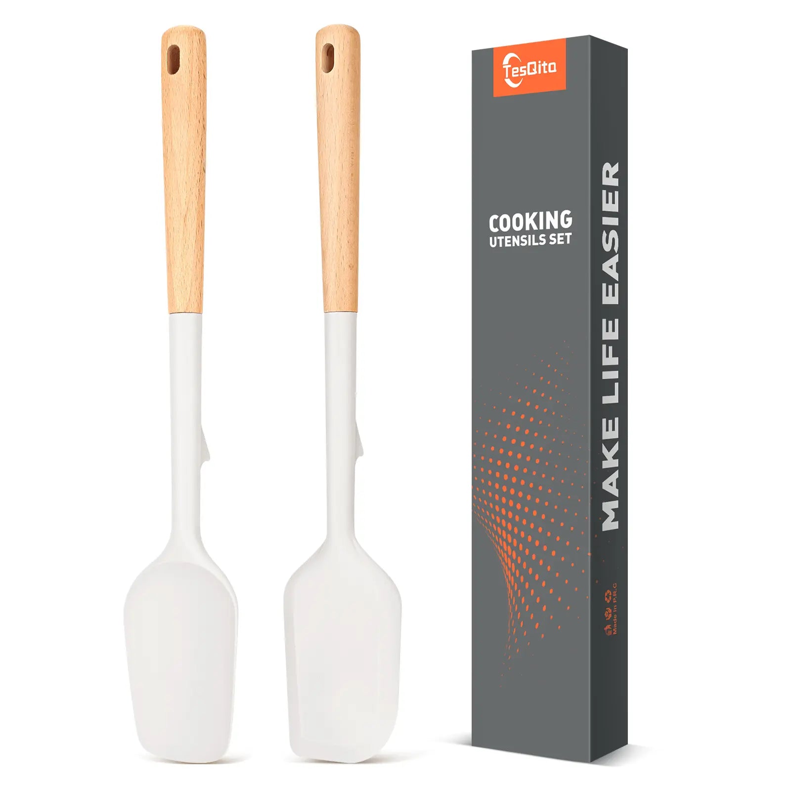 Large Silicone Rubber Spatula Scrapers 14" with Long Wooden Handle, Heat Resistant and Durable, Essential Baking Tools for Mixing, Folding, Scraping, and Spreading for Nonstick Cookware, Pack of 2 (Khaki)