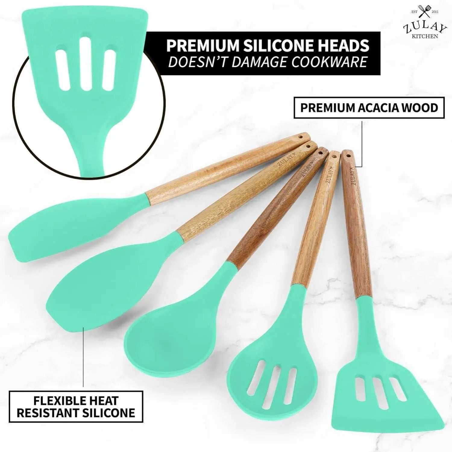 Zulay Professional Silicone Kitchen Utensil Set - 5-Piece Non-Scratch Cookware Accessories with Acacia Wood Handles and Heat-Resistant Stirring Spatula