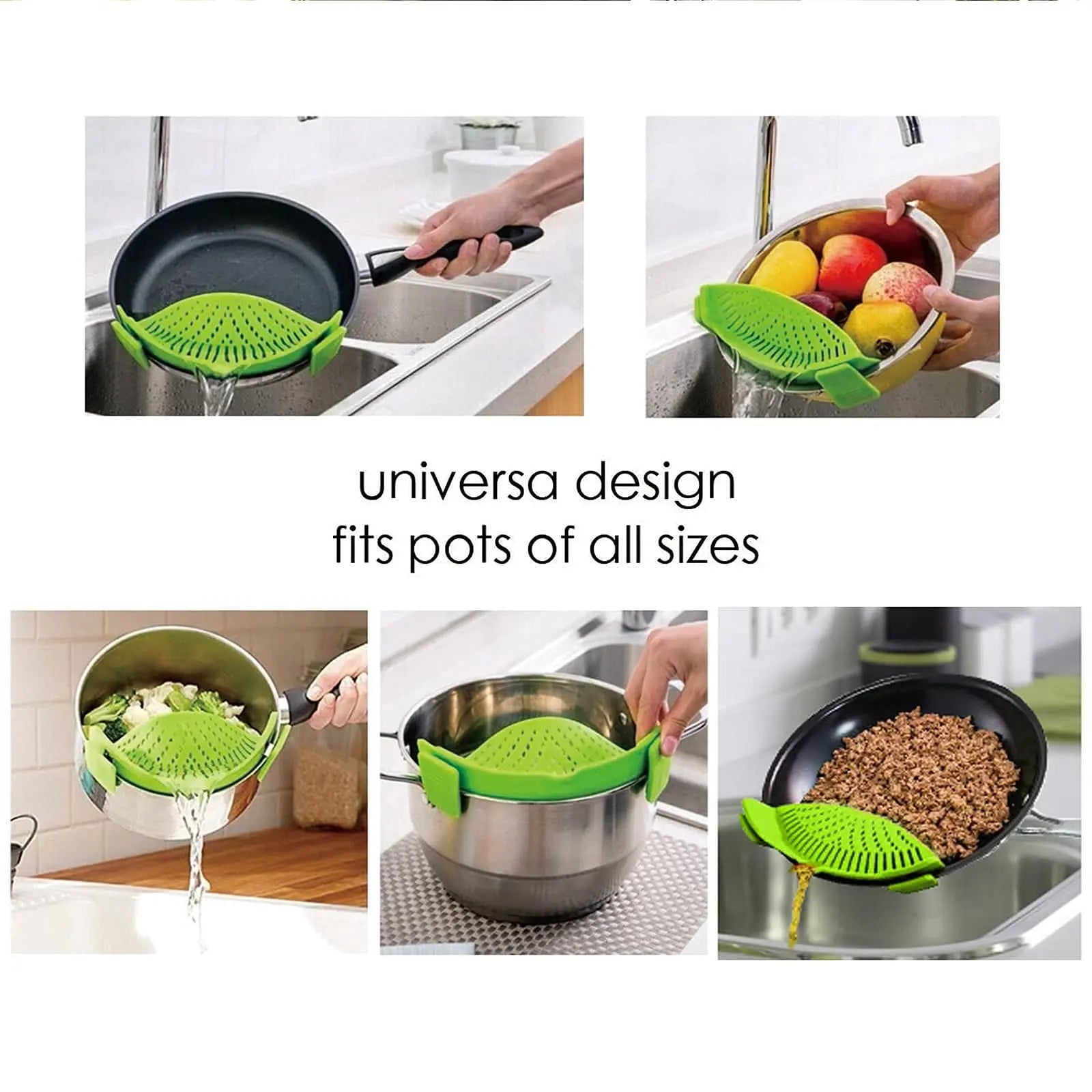 Silicone Clip-On Strainers for Pots and Pans - Set of 2, Ideal for Pasta, Meat, Vegetables, and Fruit, Fits All Pot Sizes and Bowls