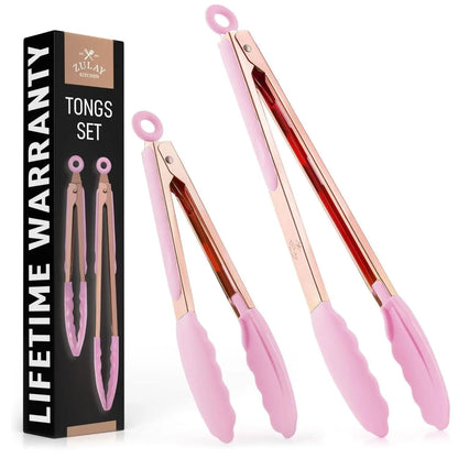 Zulay Kitchen 2-Piece Silicone and Stainless Steel Tong Set (9" & 12") with Hanging Features