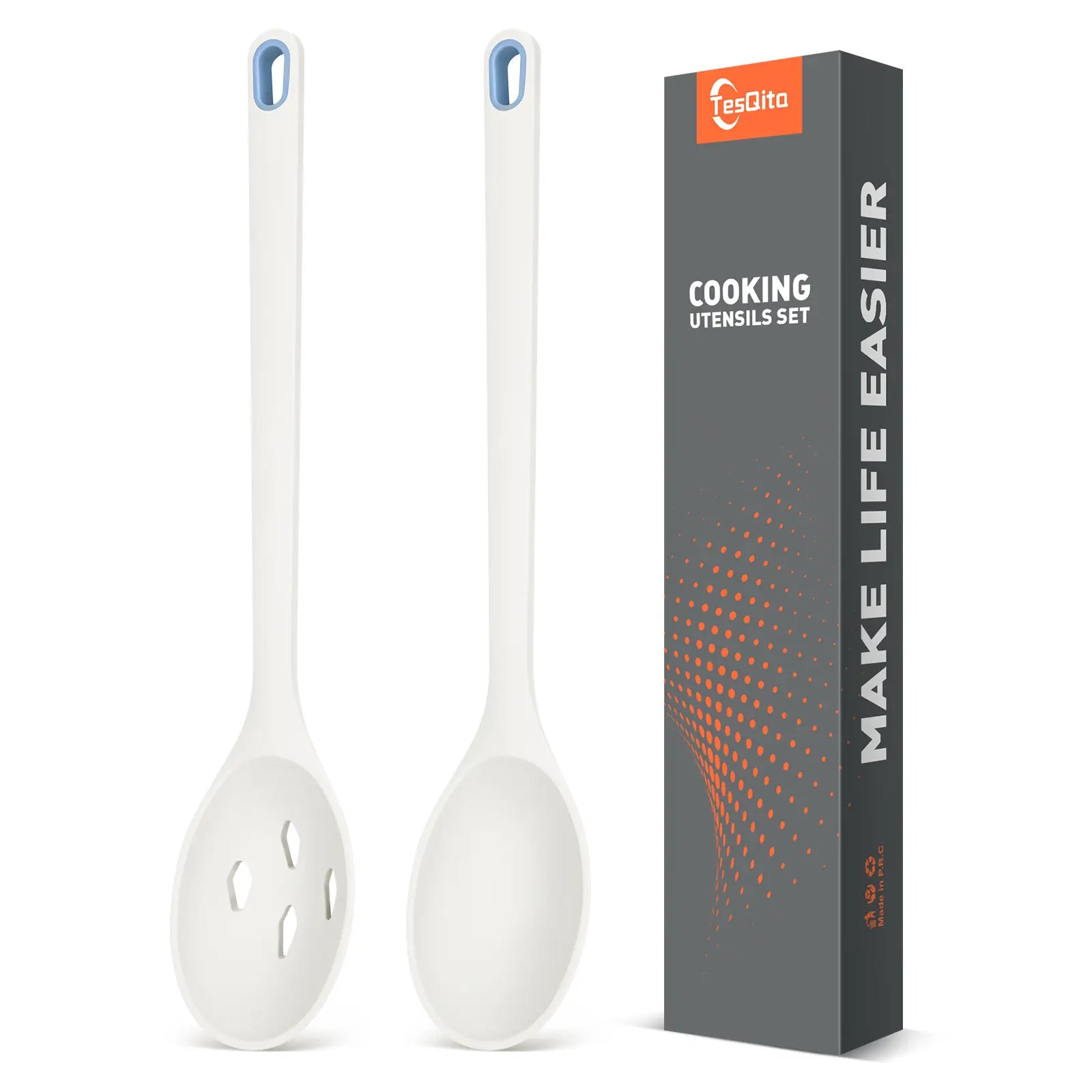 Large Silicone Slotted Spoon and Utensils Set of 2 for Nonstick Cookware - Heat-Resistant Kitchen Cooking Spoons for Scooping, Mixing, Serving, and Stirring, BPA Free (White)
