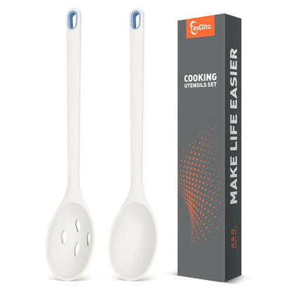 Large Silicone Slotted Spoon and Utensils Set of 2 for Nonstick Cookware - Heat-Resistant Kitchen Cooking Spoons for Scooping, Mixing, Serving, and Stirring, BPA Free (White)