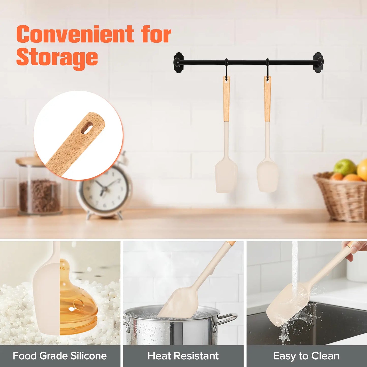 Large Silicone Rubber Spatula Scrapers 14" with Long Wooden Handle, Heat Resistant and Durable, Essential Baking Tools for Mixing, Folding, Scraping, and Spreading for Nonstick Cookware, Pack of 2 (Khaki)
