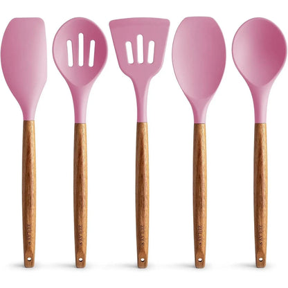 Zulay Professional Silicone Kitchen Utensil Set - 5-Piece Non-Scratch Cookware Accessories with Acacia Wood Handles and Heat-Resistant Stirring Spatula