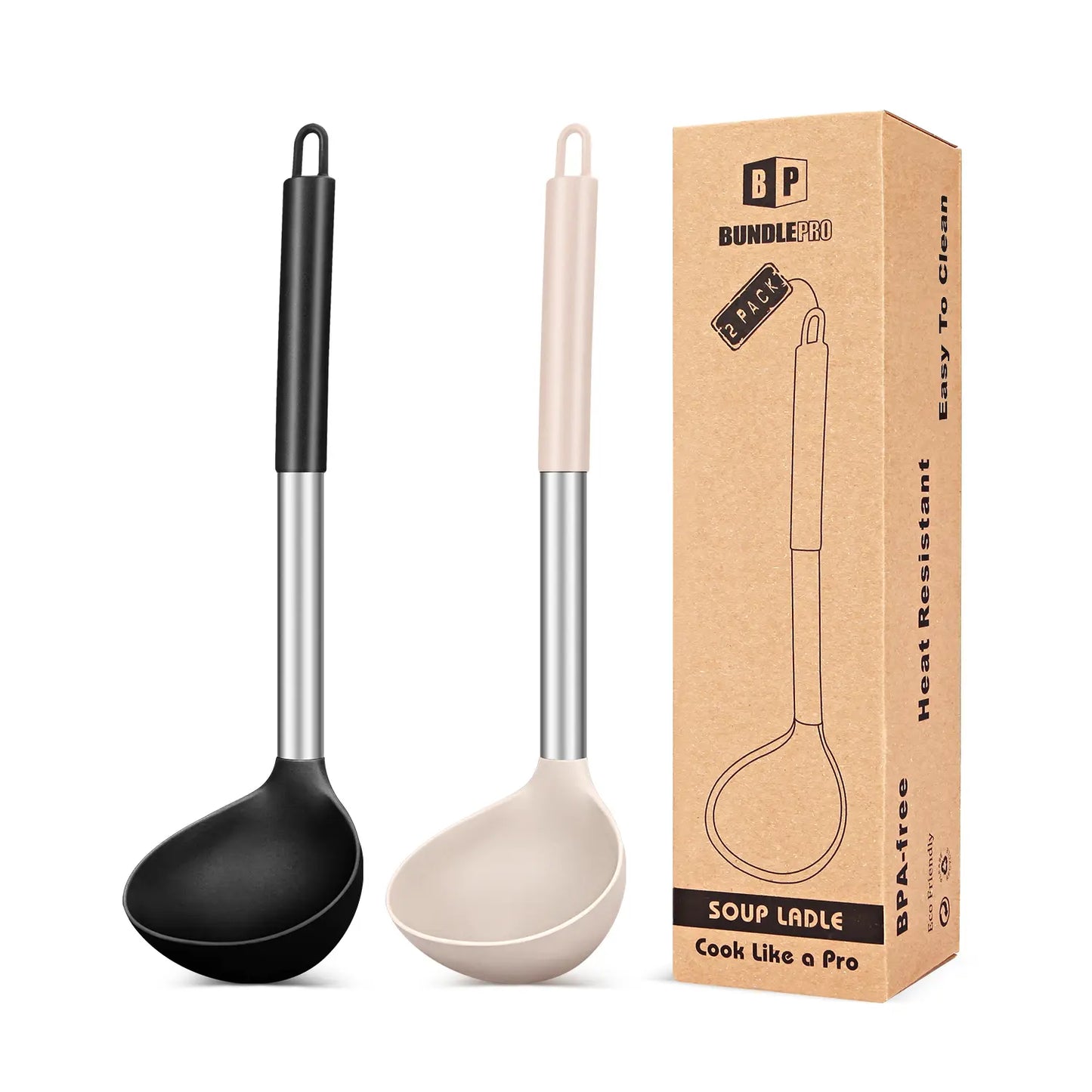 Set of 2 Silicone Ladle Spoons for Soup - Grey-Blue Stainless Steel Non-Stick Kitchen Utensils for Cooking, Stirring, and Serving