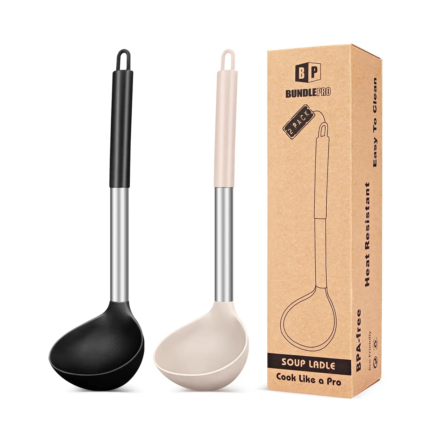 Set of 2 Silicone Ladle Spoons for Soup - Grey-Blue Stainless Steel Non-Stick Kitchen Utensils for Cooking, Stirring, and Serving