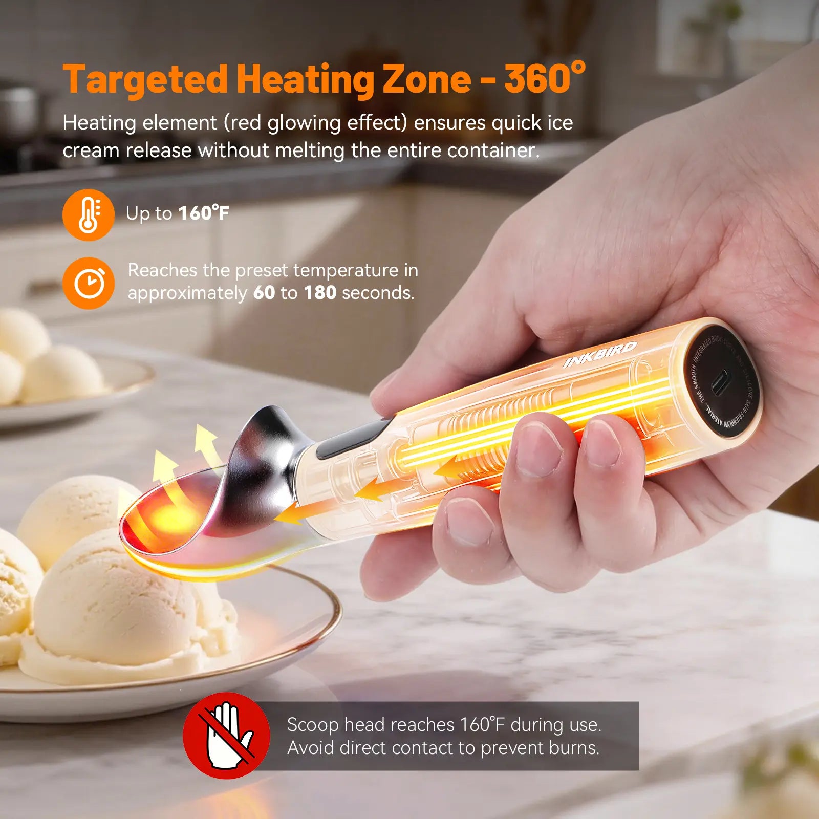INKBIRD Heated Ice Cream Scoop with Adjustable Temperature Settings, LED Display, and Rechargeable 2500mAh Battery - Ideal Father's Day Gift