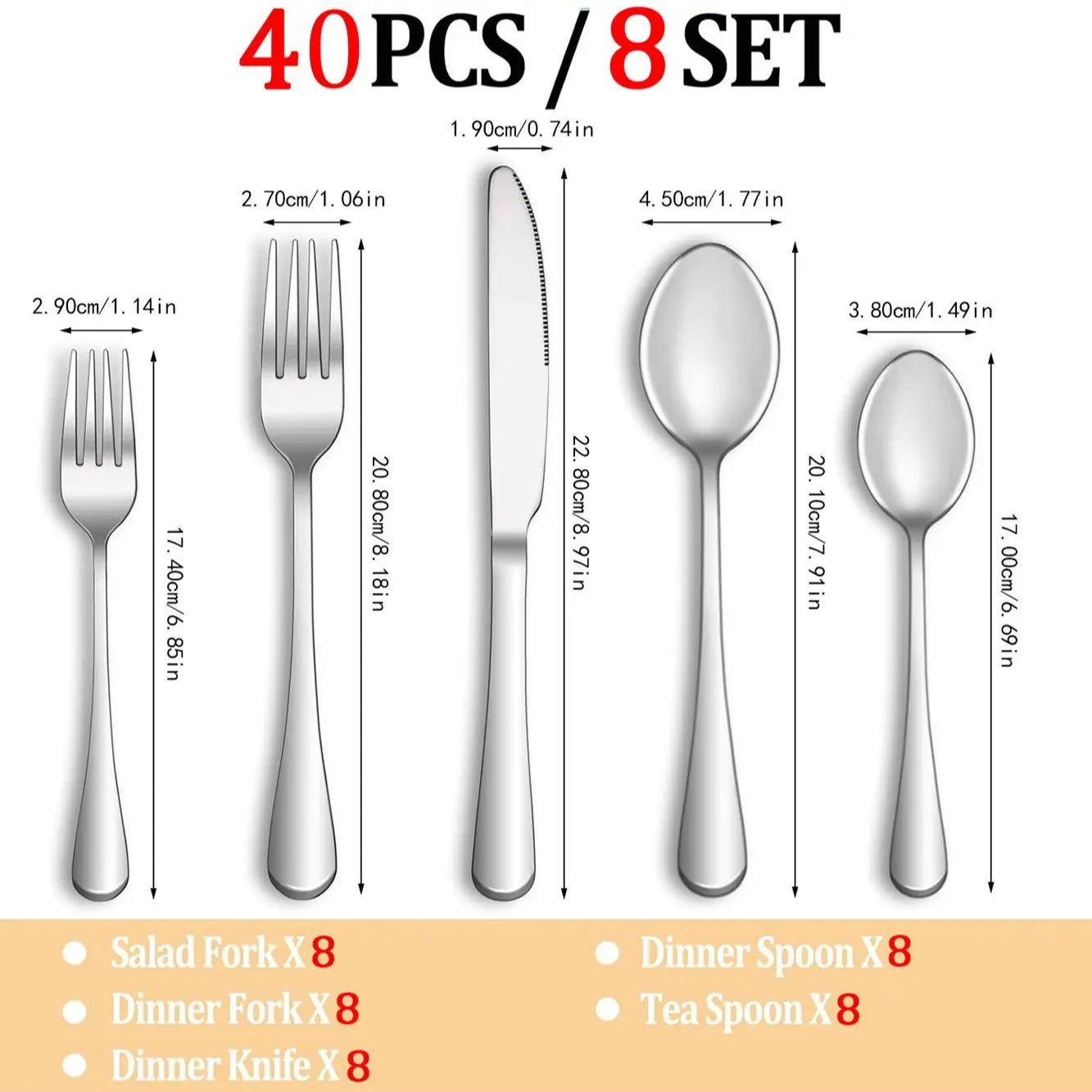 40-Piece Stainless Steel Mirror-Polished Cutlery Set - Durable, Dishwasher-Safe Knives, Forks, and Spoons for Dining - Essential Kitchen Accessories and Utensils