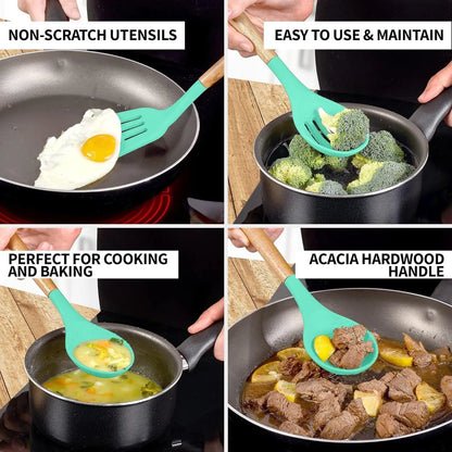 Zulay Professional Silicone Kitchen Utensil Set - 5-Piece Non-Scratch Cookware Accessories with Acacia Wood Handles and Heat-Resistant Stirring Spatula