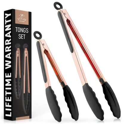 Zulay Kitchen 2-Piece Silicone and Stainless Steel Tong Set (9" & 12") with Hanging Features