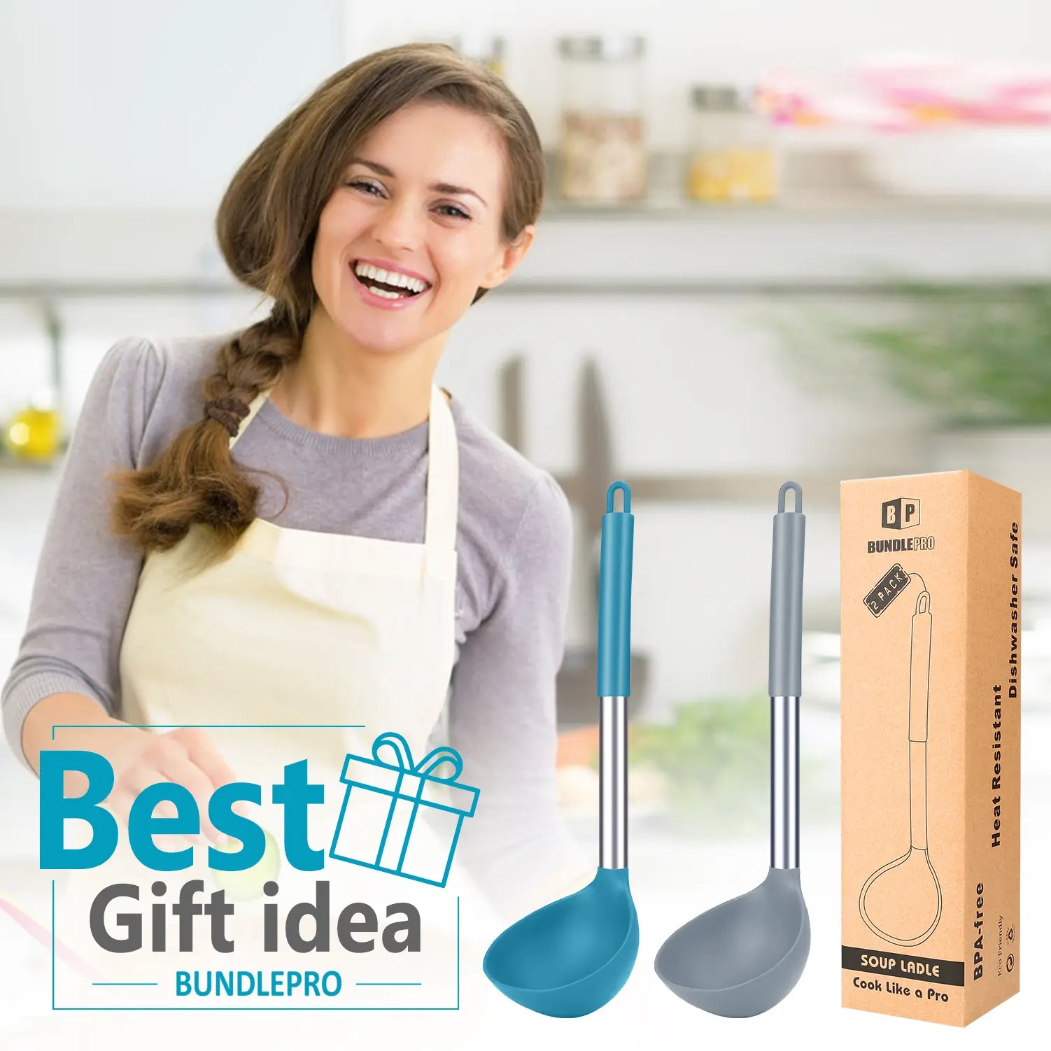 Set of 2 Silicone Ladle Spoons for Soup - Grey-Blue Stainless Steel Non-Stick Kitchen Utensils for Cooking, Stirring, and Serving