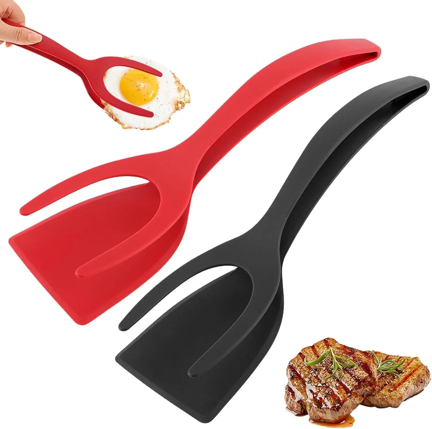 2-in-1 Non-Stick Egg Flipper and Spatula Tongs for Versatile Cooking - Ideal for Pancakes, Omelets, Fish, Eggs, Burgers, and Steaks - Heat Resistant Kitchen Tool (Color: Black and Red)