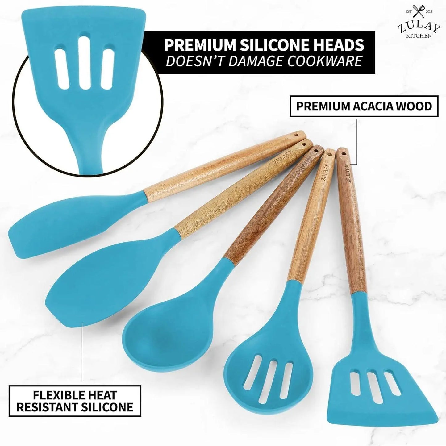 Zulay Professional Silicone Kitchen Utensil Set - 5-Piece Non-Scratch Cookware Accessories with Acacia Wood Handles and Heat-Resistant Stirring Spatula