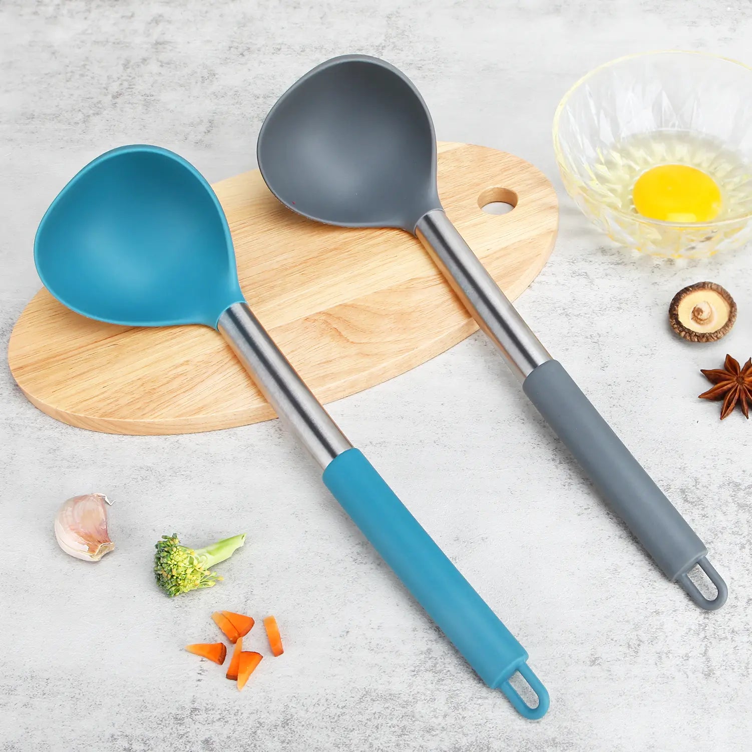 Set of 2 Silicone Ladle Spoons for Soup - Grey-Blue Stainless Steel Non-Stick Kitchen Utensils for Cooking, Stirring, and Serving