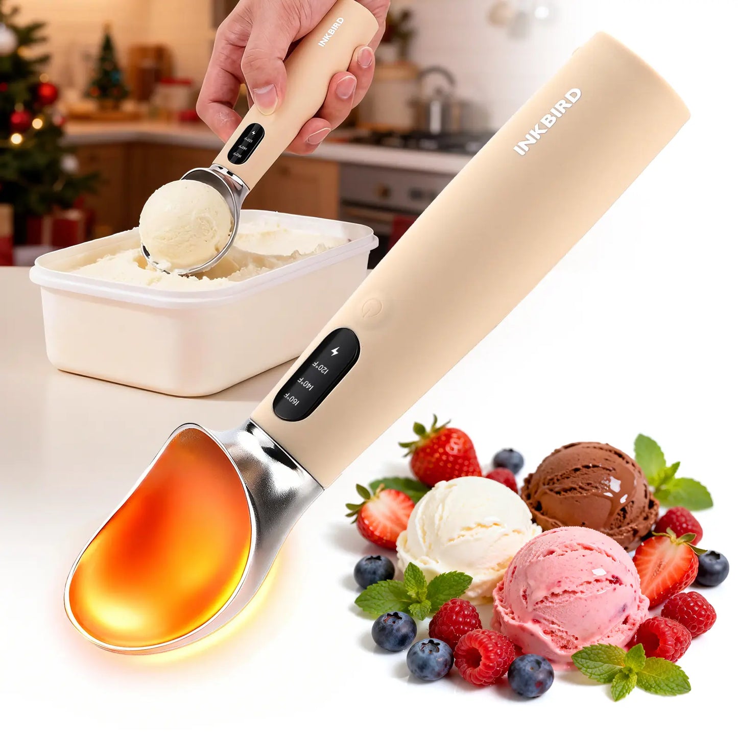 INKBIRD Heated Ice Cream Scoop with Adjustable Temperature Settings, LED Display, and Rechargeable 2500mAh Battery - Ideal Father's Day Gift