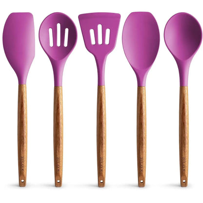 Zulay Professional Silicone Kitchen Utensil Set - 5-Piece Non-Scratch Cookware Accessories with Acacia Wood Handles and Heat-Resistant Stirring Spatula