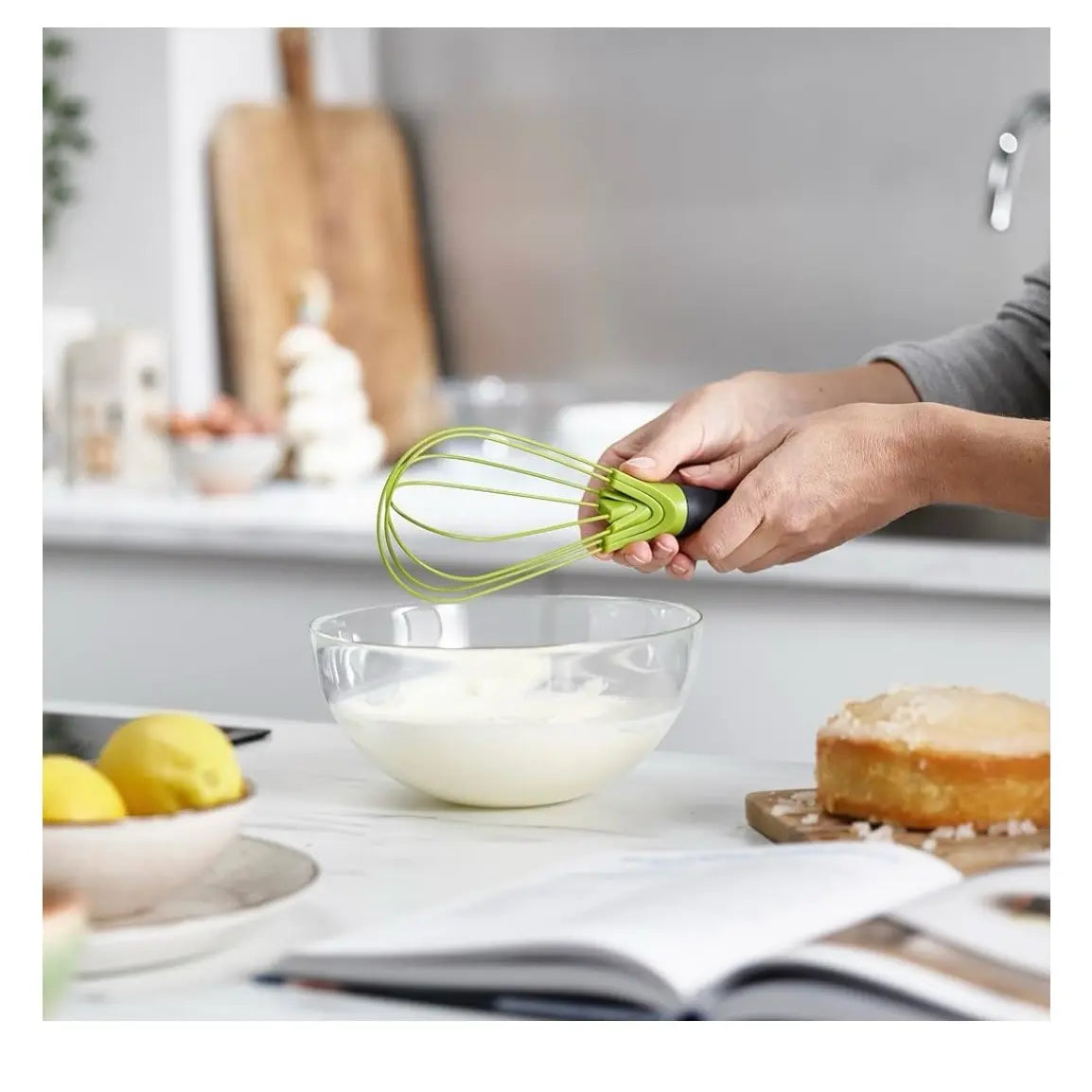 2-In-1 Collapsible Twist Whisk with Silicone Coated Steel Wire, Gray/Green - Kitchen Utensil for Eggs