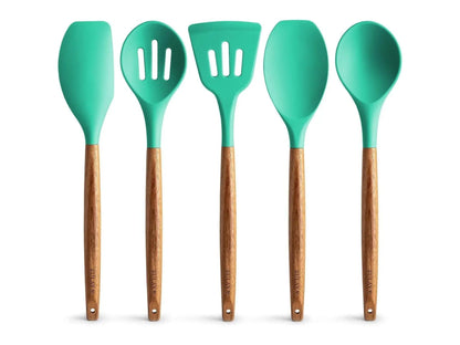 Zulay Professional Silicone Kitchen Utensil Set - 5-Piece Non-Scratch Cookware Accessories with Acacia Wood Handles and Heat-Resistant Stirring Spatula