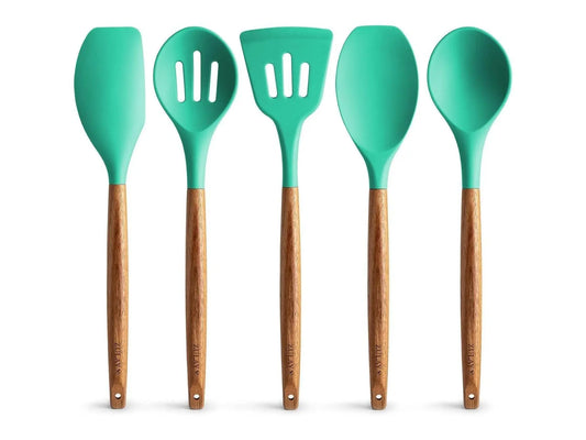 Zulay Professional Silicone Kitchen Utensil Set - 5-Piece Non-Scratch Cookware Accessories with Acacia Wood Handles and Heat-Resistant Stirring Spatula