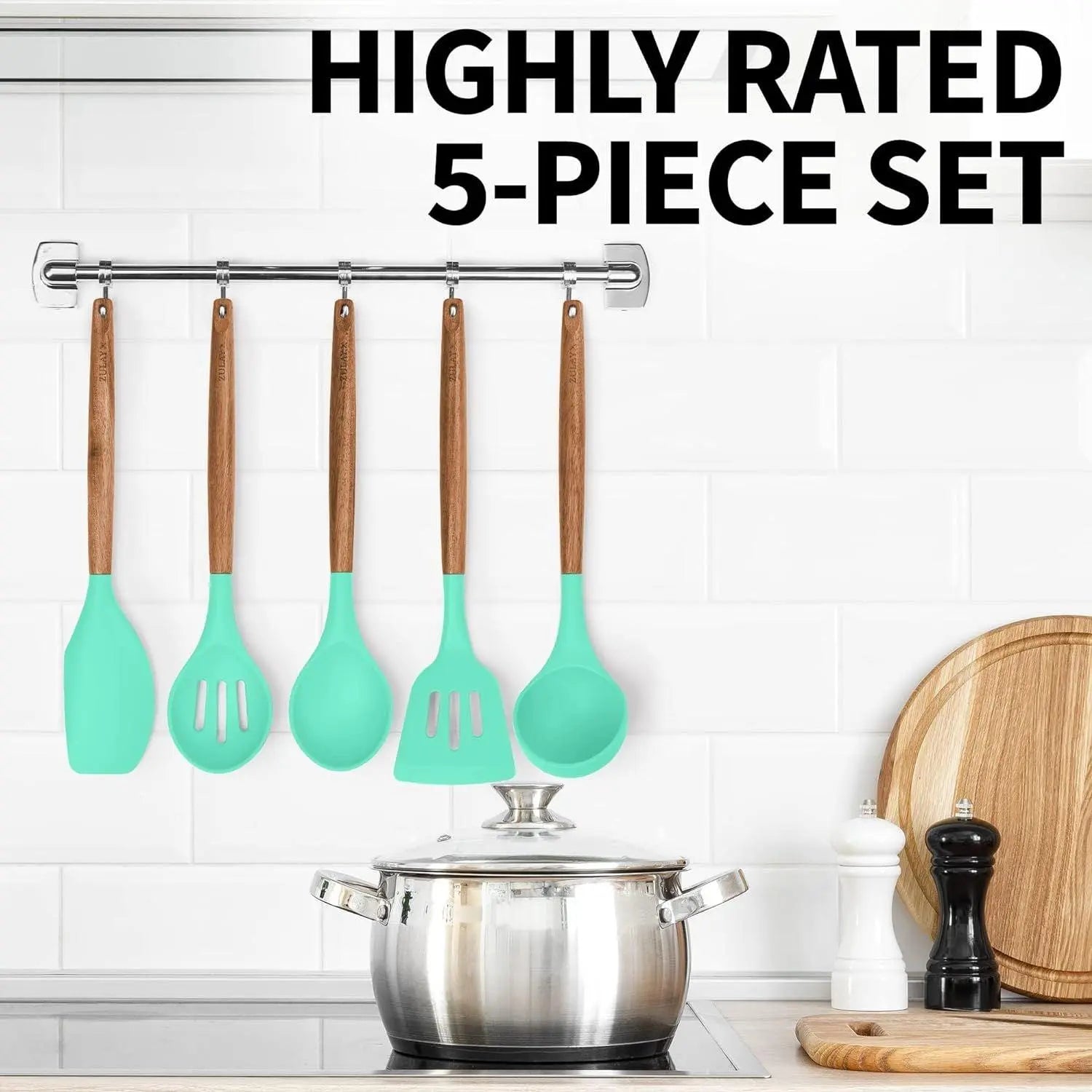 Zulay Professional Silicone Kitchen Utensil Set - 5-Piece Non-Scratch Cookware Accessories with Acacia Wood Handles and Heat-Resistant Stirring Spatula