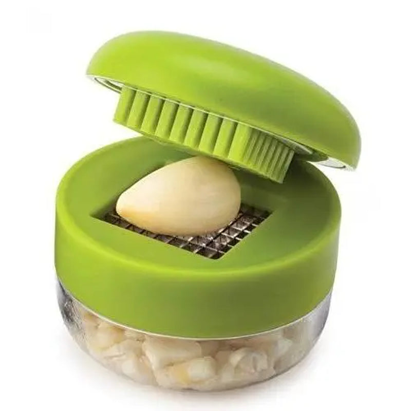 Professional Mini Garlic Chopper and Press with Integrated Container, Manual Garlic Mincer and Grinder, Stainless Steel Blades, Handheld Slicing and Dicing Tool – Green