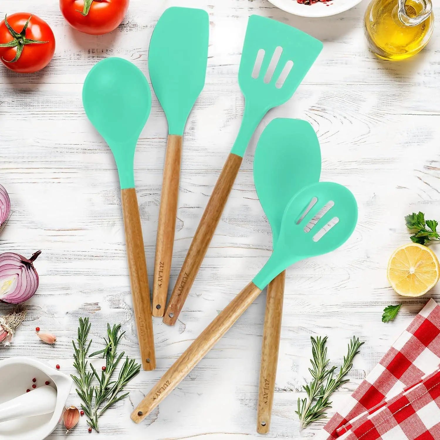 Zulay Professional Silicone Kitchen Utensil Set - 5-Piece Non-Scratch Cookware Accessories with Acacia Wood Handles and Heat-Resistant Stirring Spatula