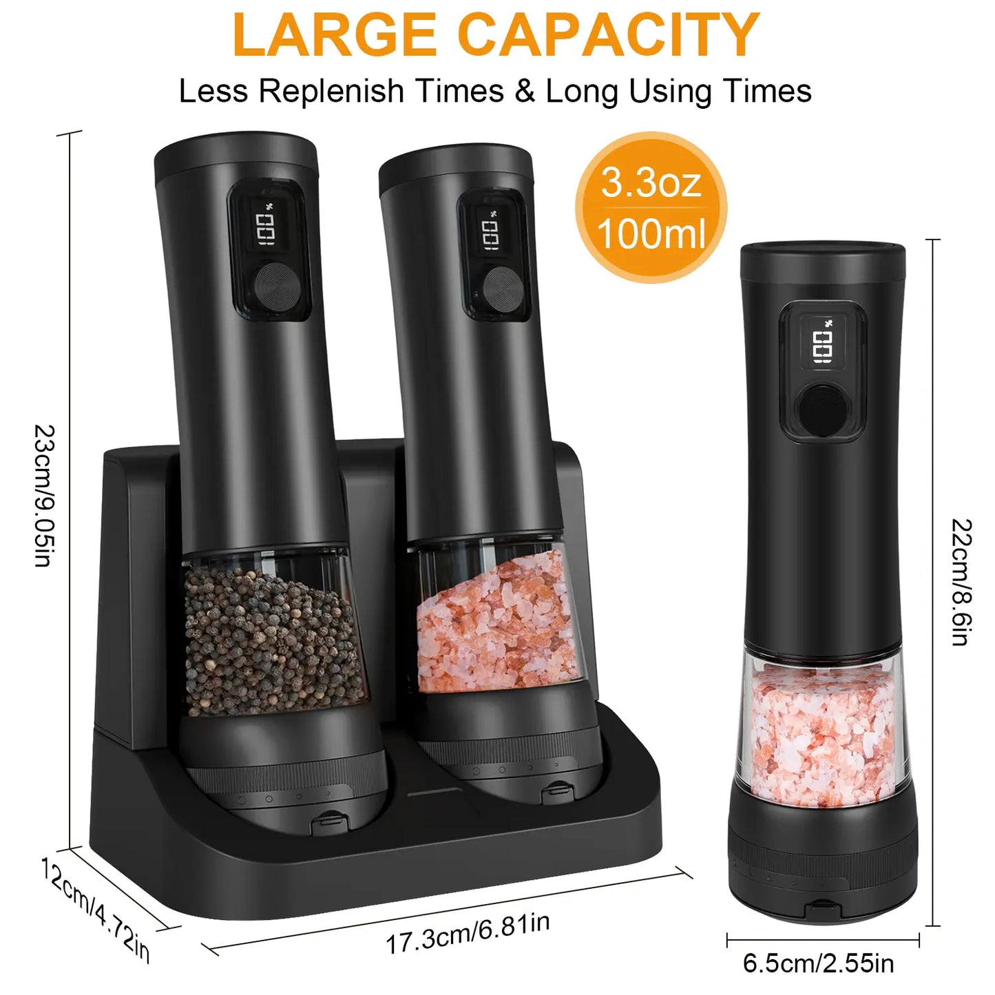 Electric Salt and Pepper Grinder Set with Rechargeable Base, Automatic Operation, Battery Level Display, Large Capacity, and 5 Adjustable Grind Settings