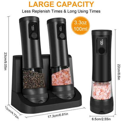 Electric Salt and Pepper Grinder Set with Rechargeable Base, Automatic Operation, Battery Level Display, Large Capacity, and 5 Adjustable Grind Settings