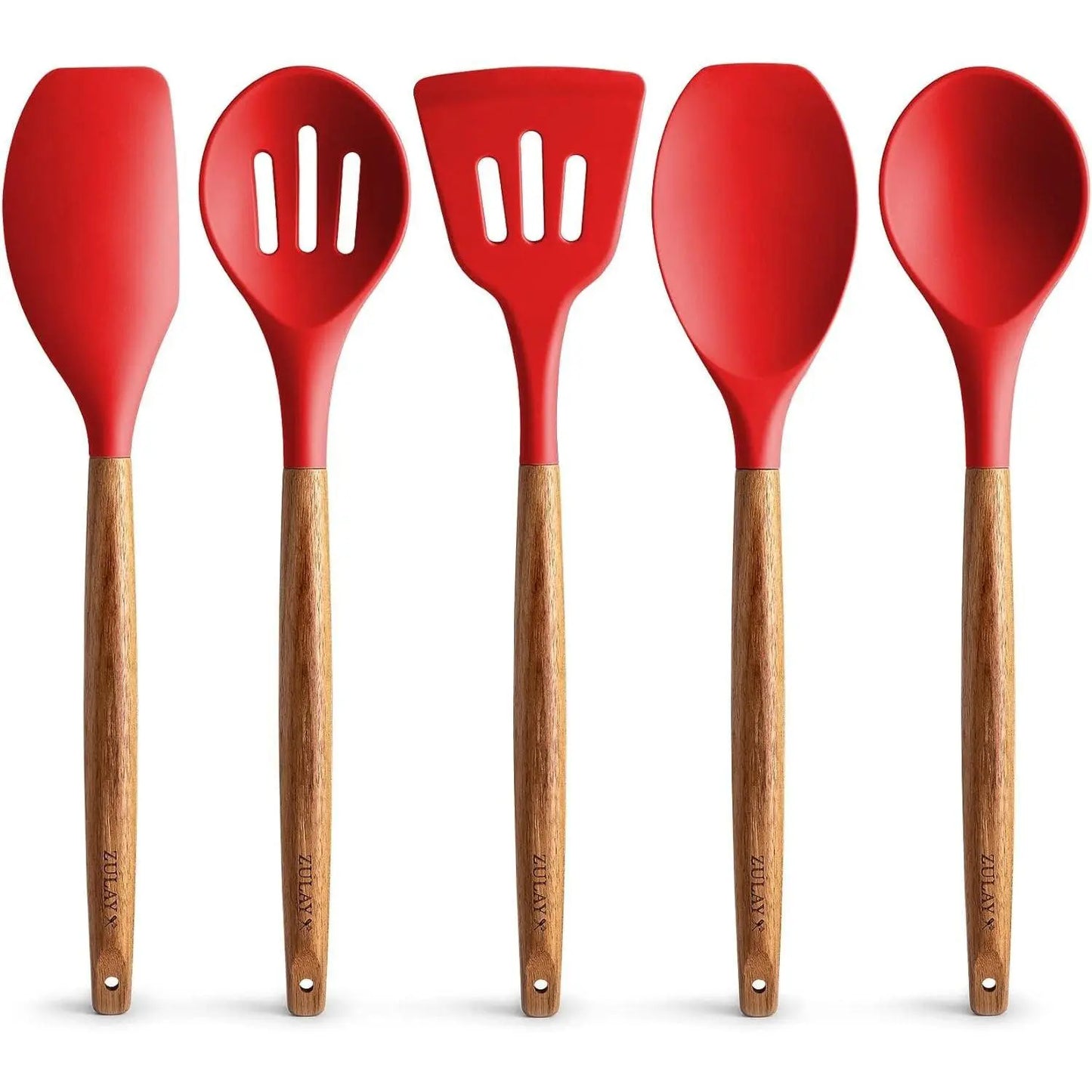 Zulay Professional Silicone Kitchen Utensil Set - 5-Piece Non-Scratch Cookware Accessories with Acacia Wood Handles and Heat-Resistant Stirring Spatula