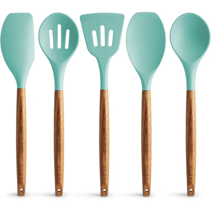 Zulay Professional Silicone Kitchen Utensil Set - 5-Piece Non-Scratch Cookware Accessories with Acacia Wood Handles and Heat-Resistant Stirring Spatula