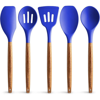Zulay Professional Silicone Kitchen Utensil Set - 5-Piece Non-Scratch Cookware Accessories with Acacia Wood Handles and Heat-Resistant Stirring Spatula