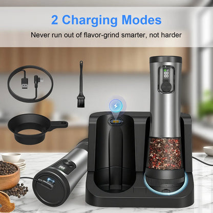 Electric Salt and Pepper Grinder Set with Rechargeable Base, Automatic Operation, Battery Level Display, Large Capacity, and 5 Adjustable Grind Settings