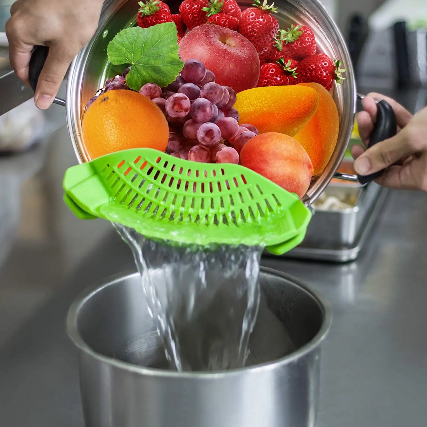 Silicone Clip-On Strainers for Pots and Pans - Set of 2, Ideal for Pasta, Meat, Vegetables, and Fruit, Fits All Pot Sizes and Bowls