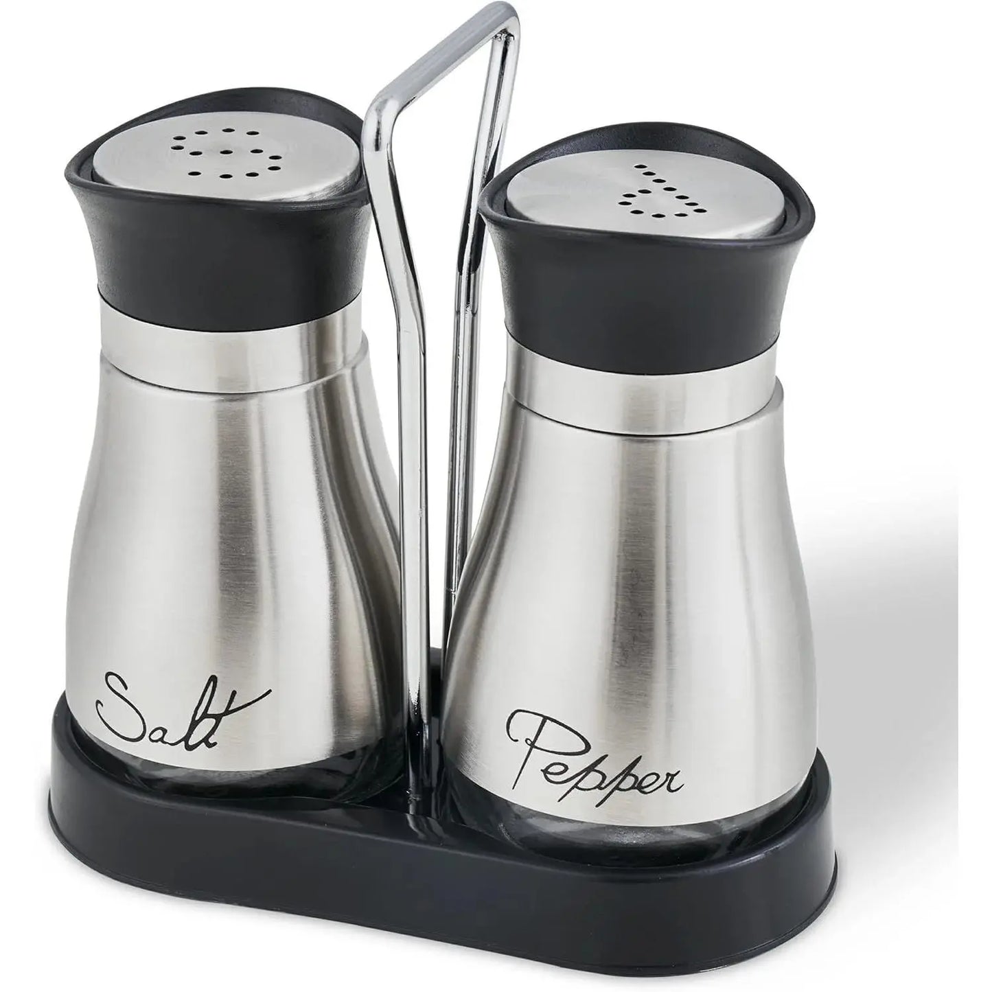 Stainless Steel Salt and Pepper Shakers Set with Holder - 2-Piece Black Compact Kitchenware, Refillable Seasoning Containers with Clear Glass Bottoms and Screw-Off Perforated Caps