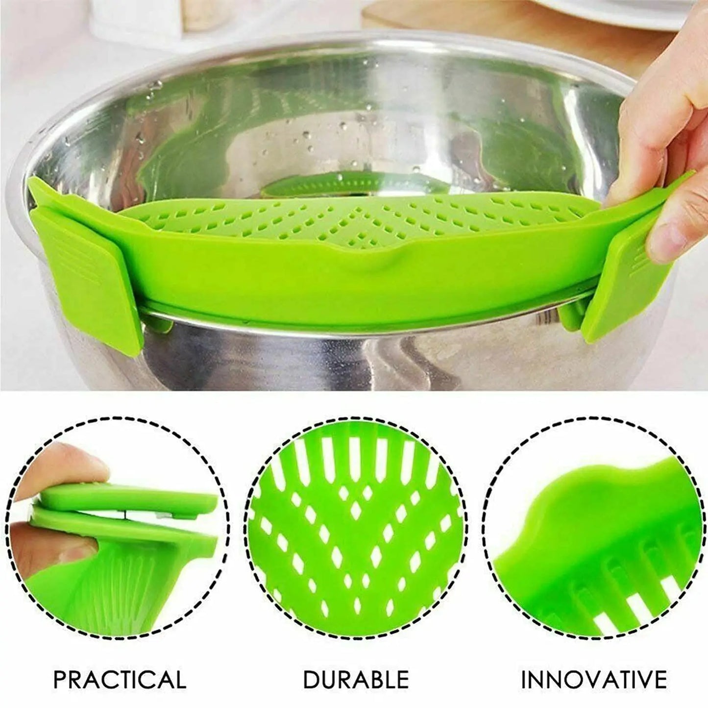 Silicone Clip-On Strainers for Pots and Pans - Set of 2, Ideal for Pasta, Meat, Vegetables, and Fruit, Fits All Pot Sizes and Bowls