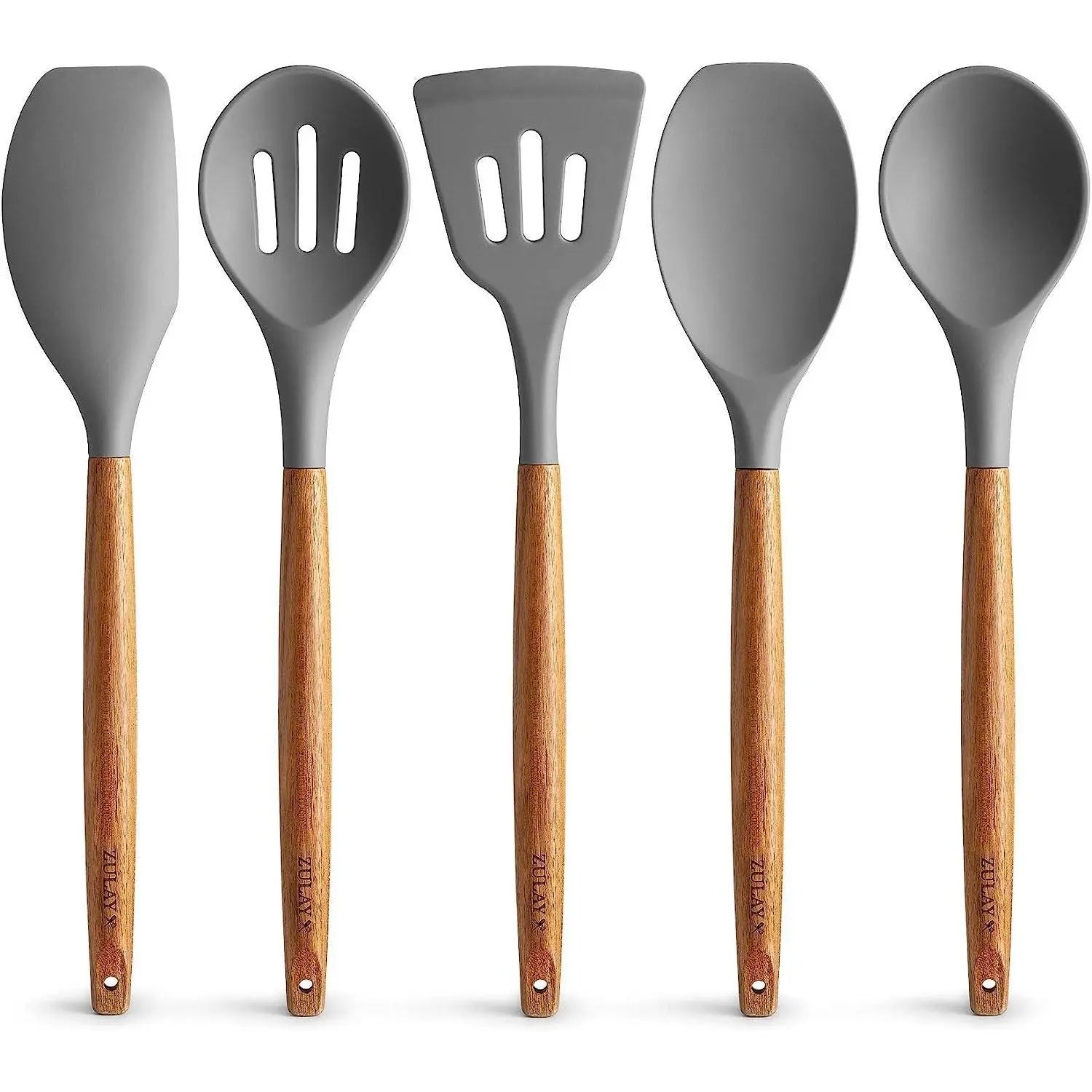 Zulay Professional Silicone Kitchen Utensil Set - 5-Piece Non-Scratch Cookware Accessories with Acacia Wood Handles and Heat-Resistant Stirring Spatula
